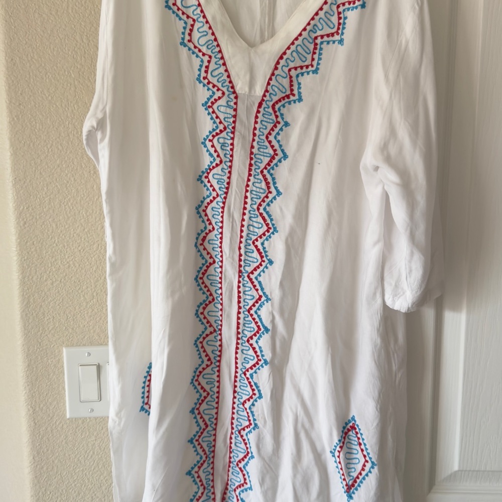 White dress with Red and Blue Embroidery-beach cover / summer wear